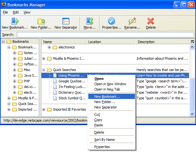 Firefox Bookmark Manager dialog