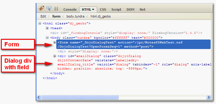 Notes form and HTML, seen using Firebug