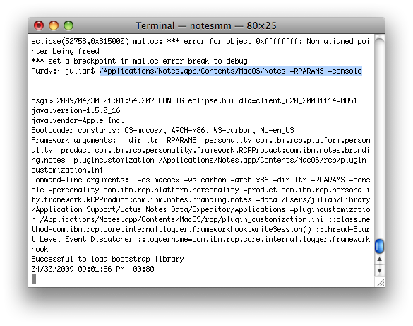 OSGi Console on the Notes 8.5 client for Mac