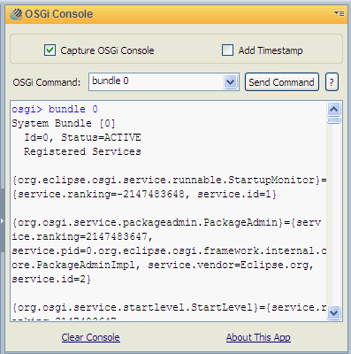 Screenshot of the OSGi Sidebar Console app