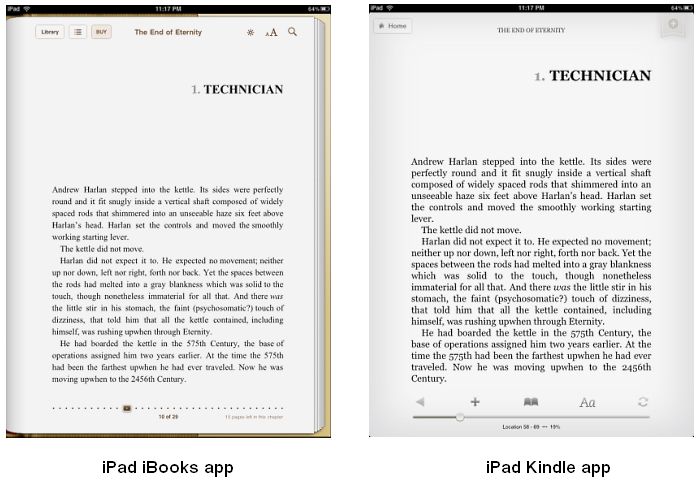 iBooks app and Kindle app on iPad